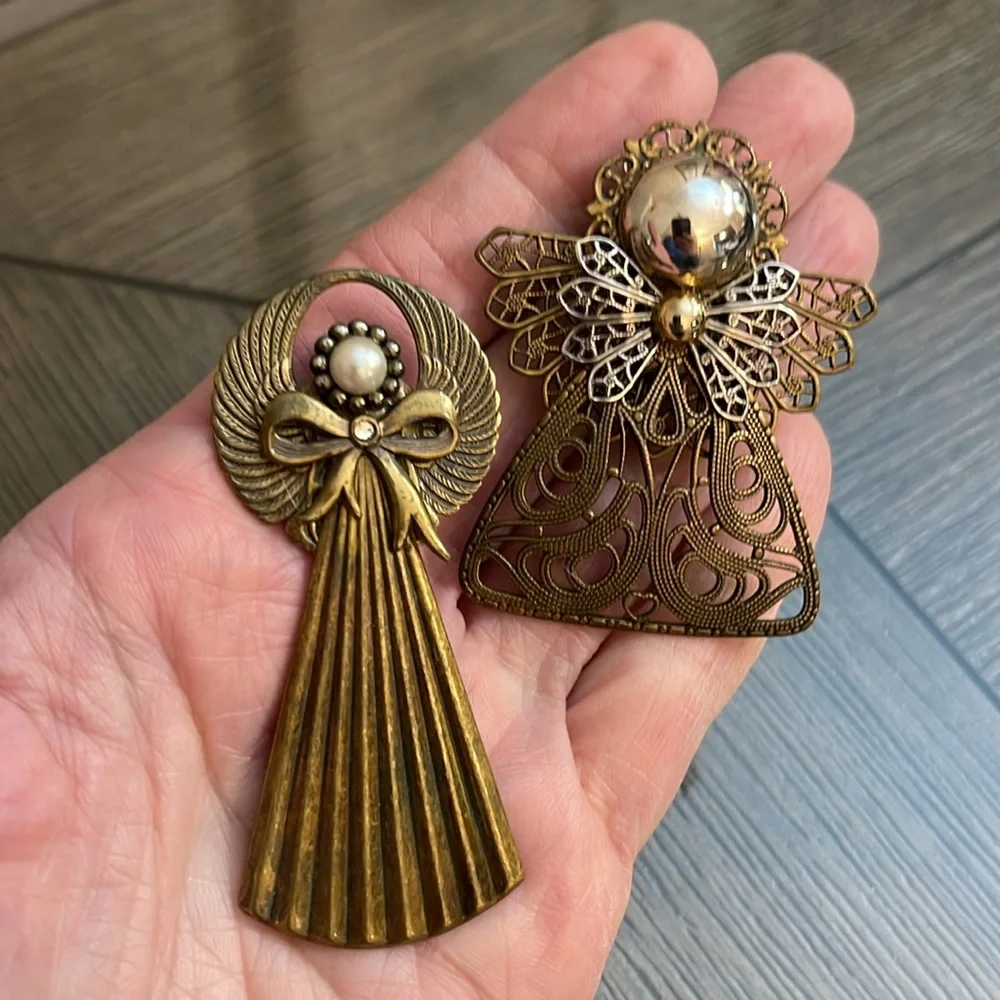 Vintage Brass Multi Metal Angel Brooch Set